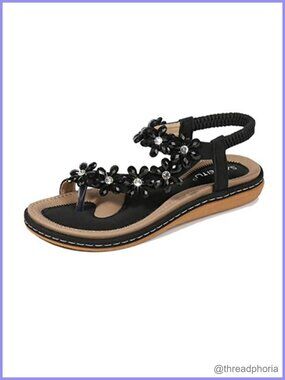 Bohemia Crystal Gladiator Flat Sandals Open Toe Ankle Strap PU Leather